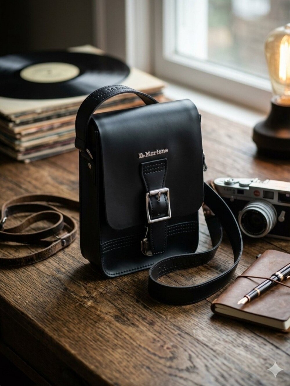 Dr. Martens Black Leather Messenger Crossbody with Buckle